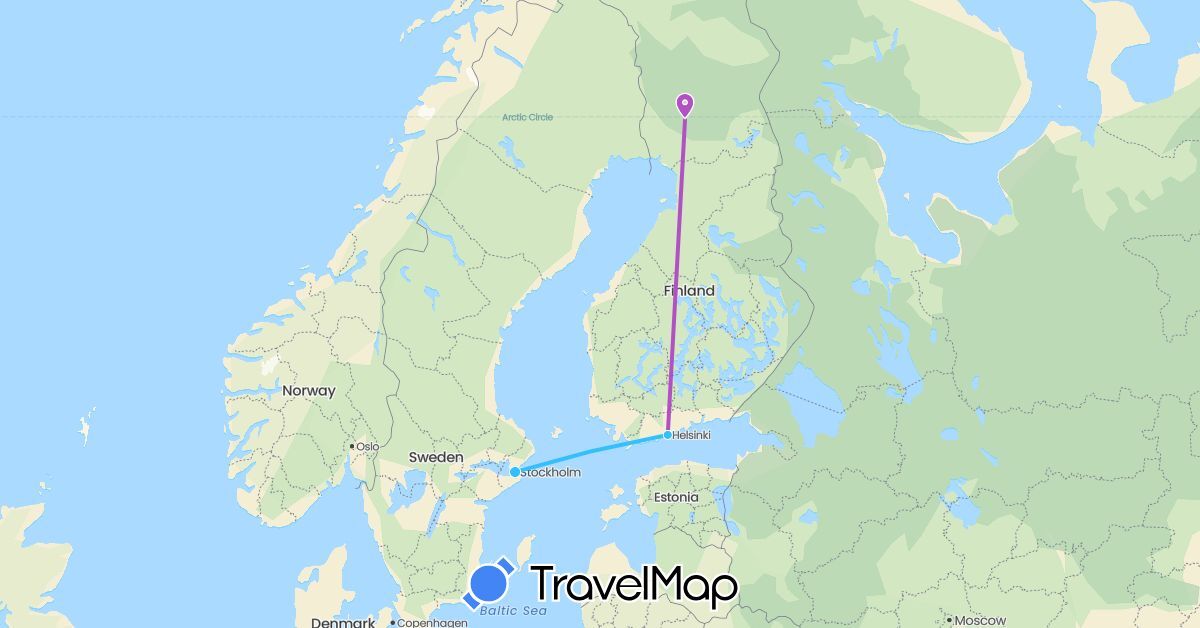 TravelMap itinerary: driving, train, boat in Finland, Sweden (Europe)